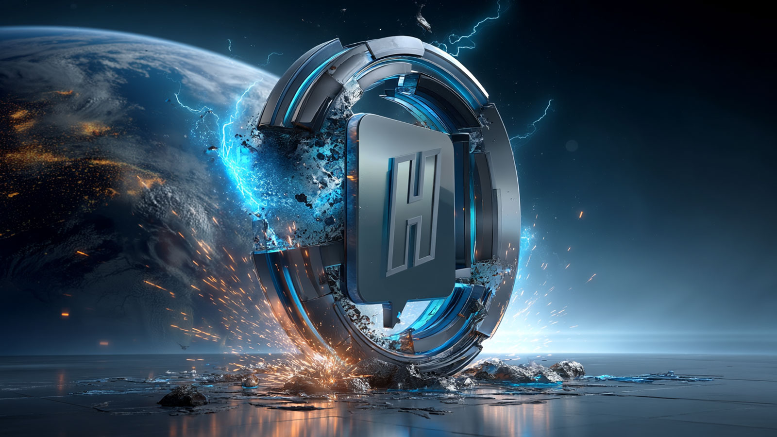 A glowing HollaCo emblem set in a shattered metal ring above the Earth.