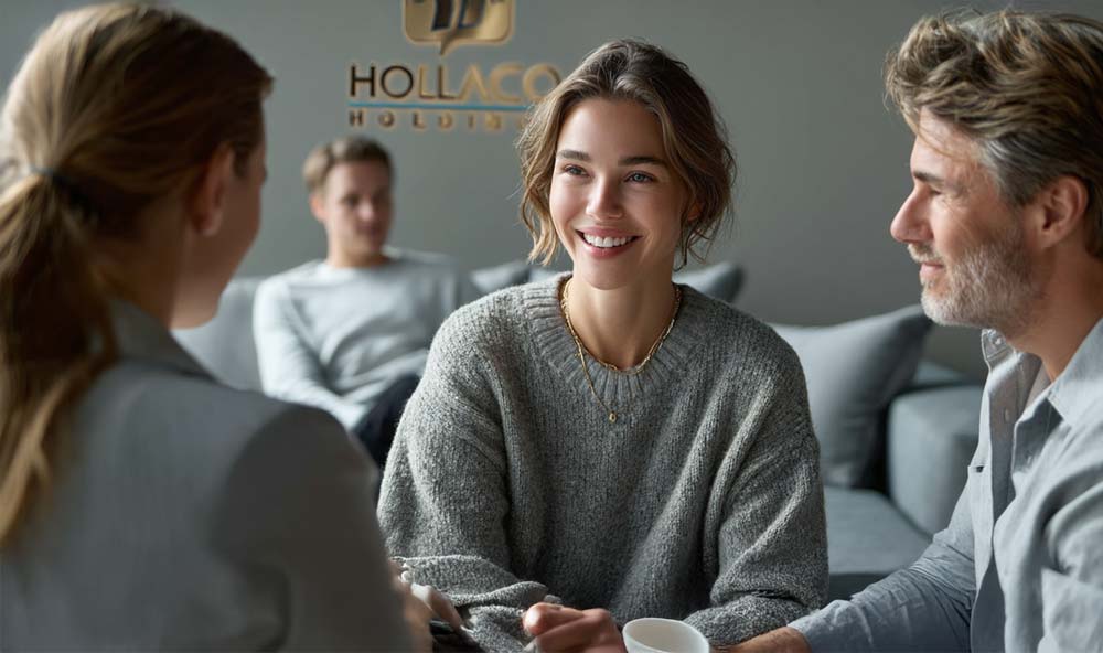 Three colleagues in conversation across a table in a HollaCo office.